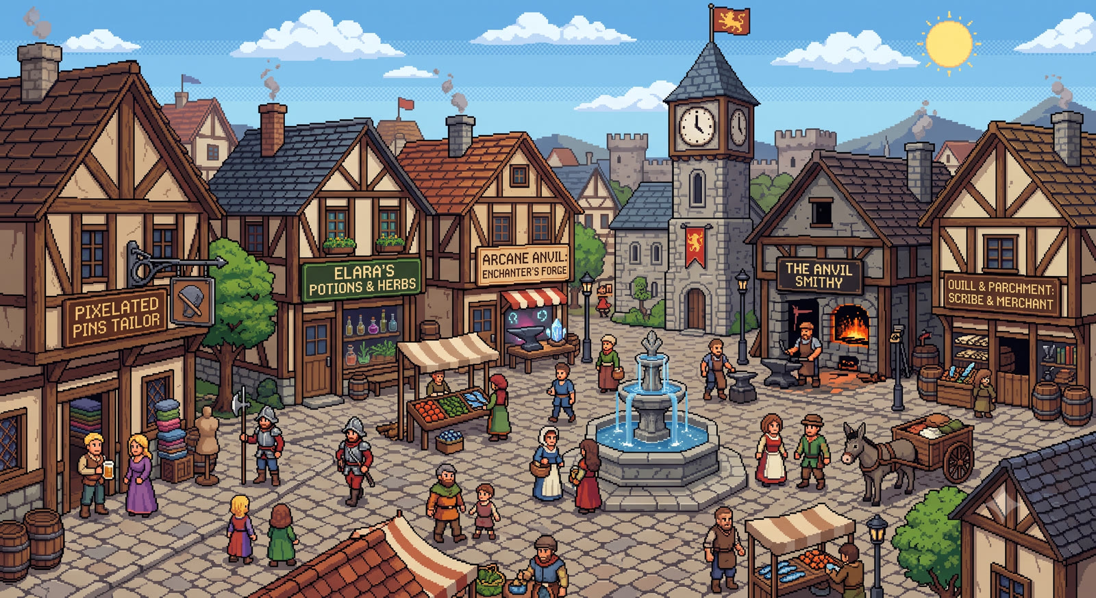 The market square, with five shops around a fountain